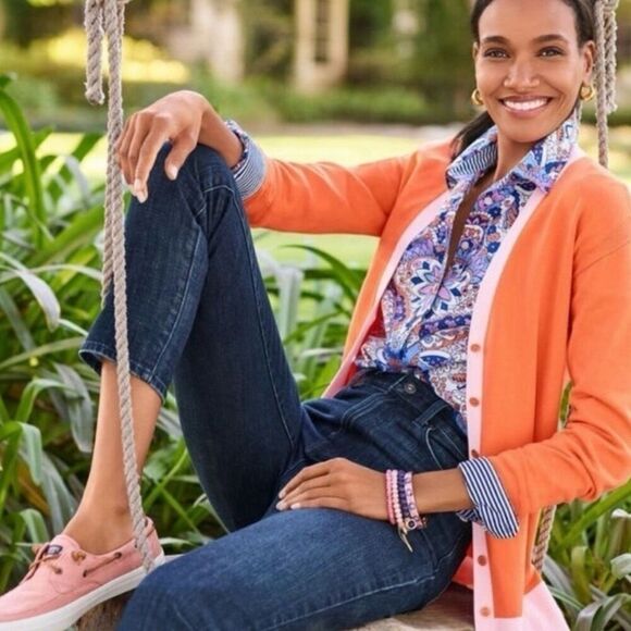 Talbots XL Classic Cotton Button Down Shirt Royal Palm Paisley Orange Blue - Picture 2 of 12